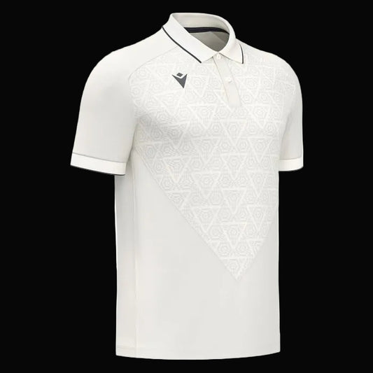 White polo shirt with geometric pattern on a white background