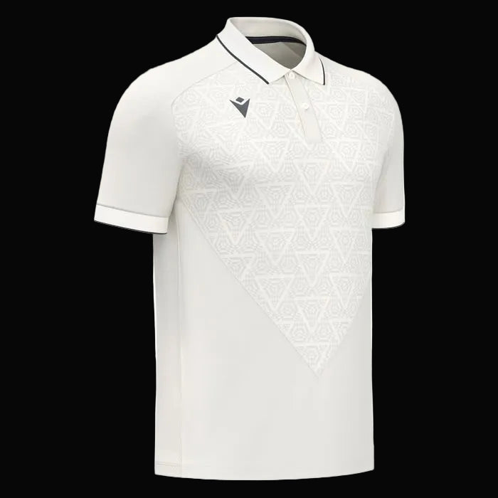 White polo shirt with geometric pattern on a white background
