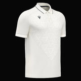 White polo shirt with geometric pattern on a white background